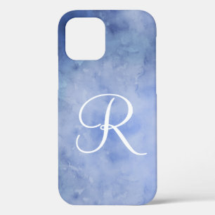 Monogram personaliseer Blauwe en Witte Waterverf iPhone 12 Hoesje