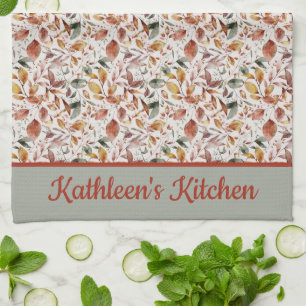 Monogram Personaliseer Herfstbladeren Groen Oranje Theedoek