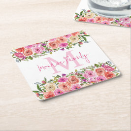 Monogram | personaliseren | Waterverf | Floral Vierkante Kartonnen Onderzetter