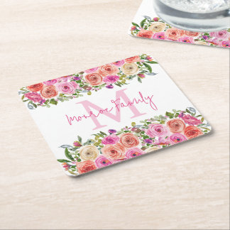 Monogram | personaliseren | Waterverf | Floral Vierkante Kartonnen Onderzetter