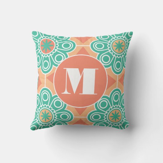 Monogram Perzik en Groene Moderne Bloem Kussen (Achterkant)