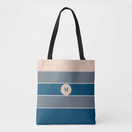 Monogram Perzik Grijs Blauw Gestreept Modern Chic Draagtas (Voorkant)