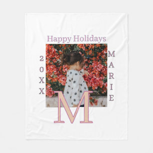 MONOGRAM PERZIK GRIJS NAAM FOTO JAAR KERSTFEEST HO FLEECE DEKEN