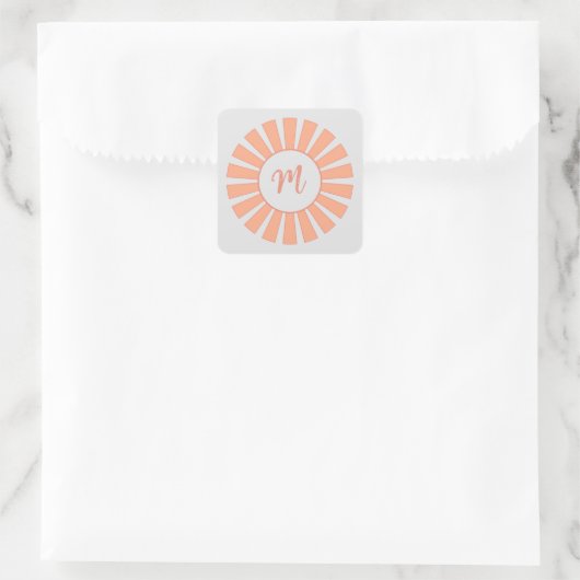 Monogram Perzik Grijs Zonnestralen Initiaal "M" Vierkante Sticker (Tas)