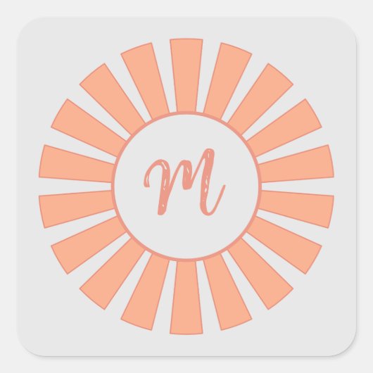 Monogram Perzik Grijs Zonnestralen Initiaal "M" Vierkante Sticker (Voorkant)