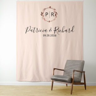 Monogram Perzik Roze Gouden Folie Trouw Achtergron Wandkleed