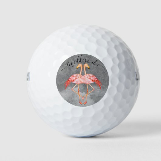 Monogram Perziknaam Twee Roze Flamingos Golf Balls Golfballen (Voorkant)