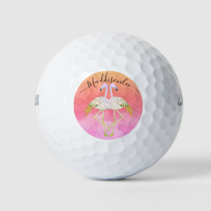 Monogram Perziknaam Twee Roze Flamingos Golf Balls Golfballen