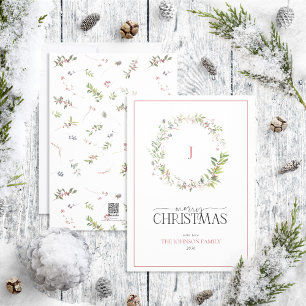 Monogram Pine Berry Wreath Merry-kerstscript Feestdagenkaart