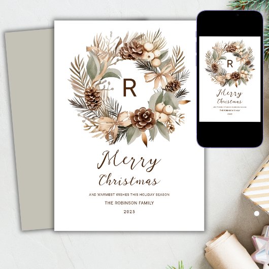 Monogram Pinecone Winter Krans Vrolijk Kerstmis Feestdagenkaart