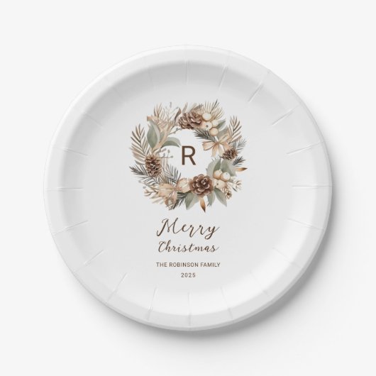 Monogram Pinecone Winter Krans Vrolijk Kerstmis Papieren Bordje (Voorkant)