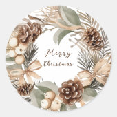 Monogram Pinecone Winter Krans Vrolijk Kerstmis Ronde Sticker (Voorkant)