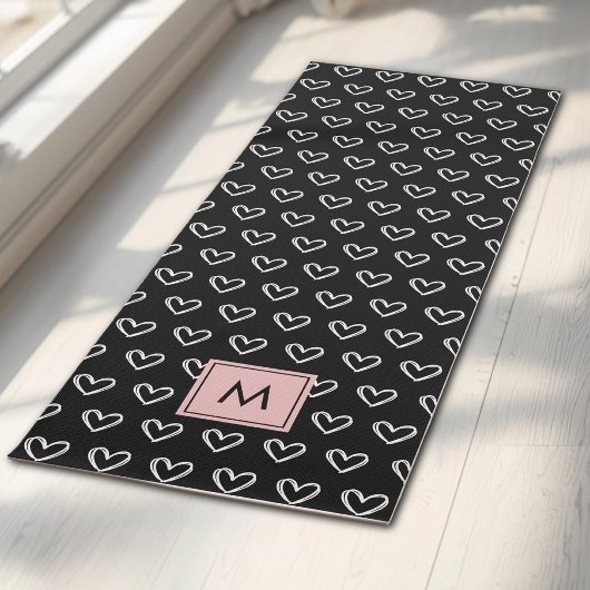 Monogram Pink and Black Heart Pattern  Yogamat