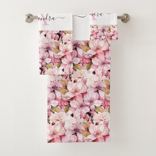 Monogram Pink Cherry Blossoms Towel Set (En situation)