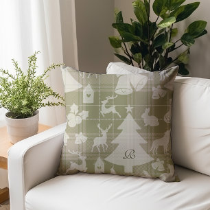 Monogram Plaid Christmas Woodland Animals Village Kussen