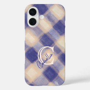Monogram plaid gingham marine blauw crème handgesc iPhone 16 hoesje