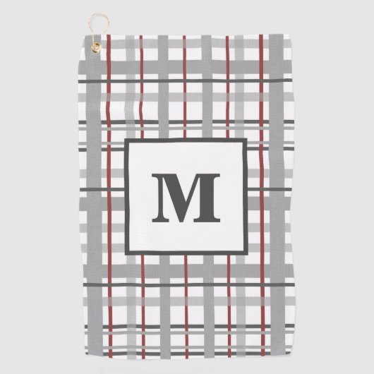 Monogram Plaid Grijs Zilver Rood Gift Voor Hem Golfhanddoek (Voorkant)