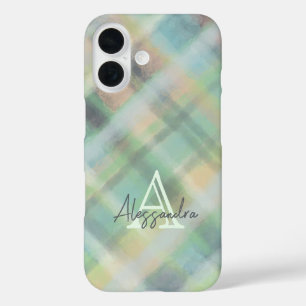 Monogram plaid pastel groen grijs geel blauwgroen iPhone 16 hoesje