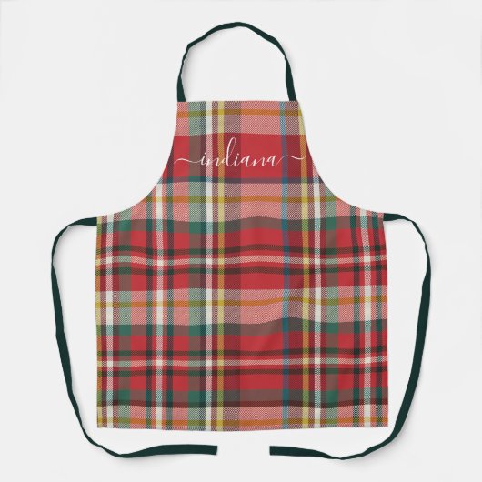 Monogram Plaid Rood en Groen Vakantie Rustiek Schort (Voorkant)