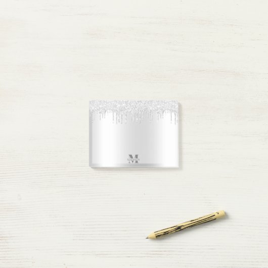 Monogram Platina Zilver Dripping Glitter Metallic Post-it® Notes (Op bureau)