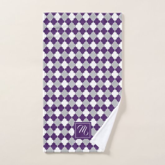 Monogram Plum Paars, Grey en White Quatrefoil Bad Handdoek (Handdoek)