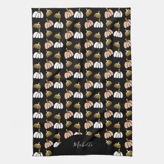 Monogram pompoen in zwart, blauw, wit, goud theedoek (Verticaal)