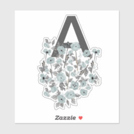Monogram Poppies Gray Blue Black Waterverf Floral Sticker