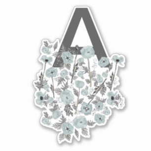 Monogram Poppies Gray Blue Black Waterverf Floral Sticker