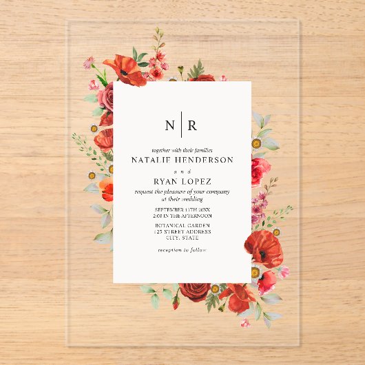 Monogram Poppy Wildflower Bloembruiloft Acryl Uitnodigingen (Voorkant)