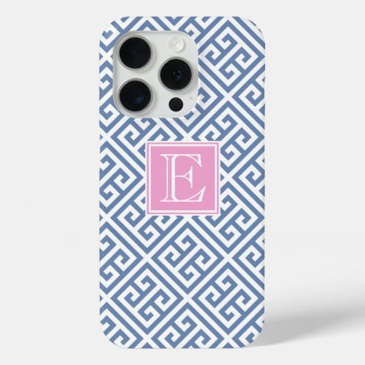 Monogram Preppy Blauw en Wit Griekse Sleutel Case-Mate iPhone Case (Achterkant)