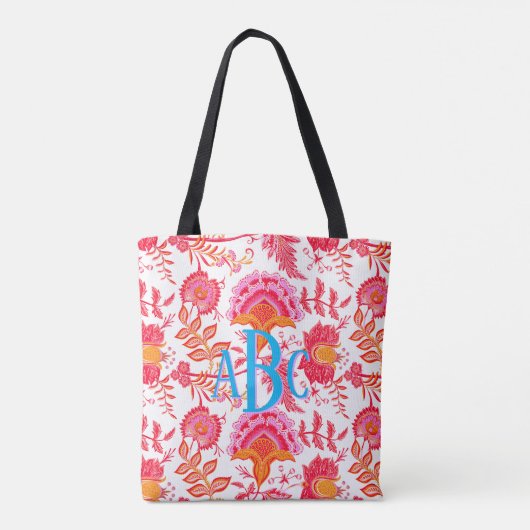 Monogram Preppy Bloemen | Roze & Sinaasappel Draagtas (Achterkant)