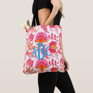 Monogram Preppy Bloemen Roze & Sinaasappel Draagtas