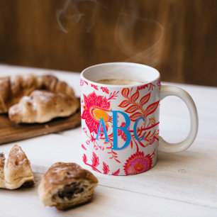 Monogram Preppy  Bloemen   Roze & Sinaasappel Mok