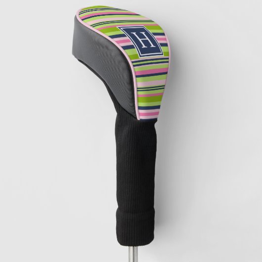 Monogram Preppy Limoen, Roze en Navy Stripe Golfheadcover (Schuin)