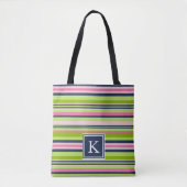 Monogram Preppy Limoen, Roze en Navy Stripe Tote Bag (Voorkant)