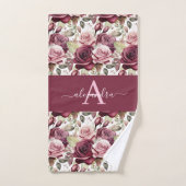 Monogram Purple Burgundy Pink Roses Towel Set (Serviette à main)