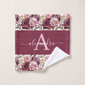 Monogram Purple Burgundy Pink Roses Towel Set (Gant de toilette)