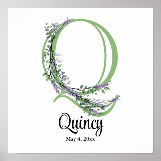 Monogram Q, Lavender Eucalyptus kinderkamer poster (Voorkant)