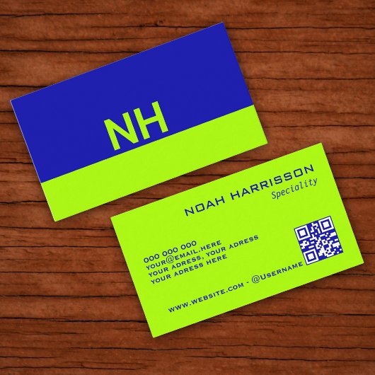 Monogram QR code blauw elektrische limoen minimali Visitekaartje