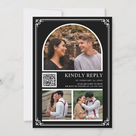 Monogram QR Code Foto Collage Black White Wedding Kaart (Achterkant)