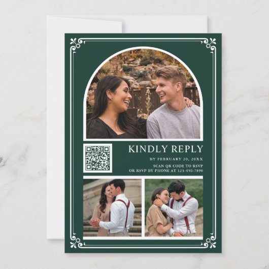 Monogram QR Code Foto Collage Emerald Wedding Kaart (Achterkant)