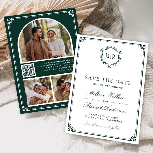 Monogram QR-code fotocollage smaragdgroene trouw Save The Date