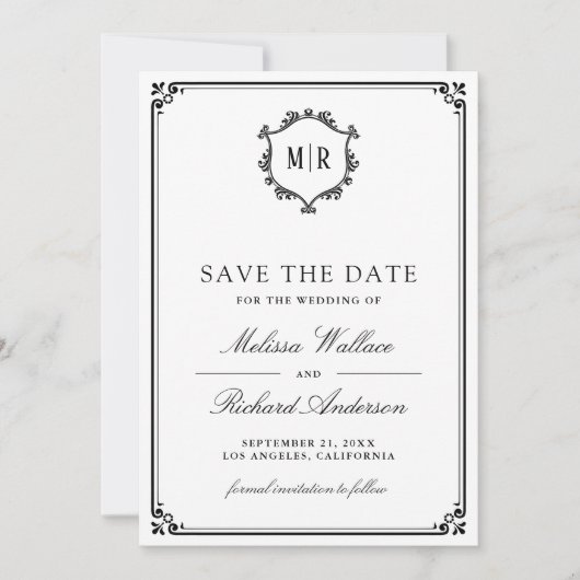 Monogram QR-code fotocollage zwarte trouw  Save The Date (Voorkant)