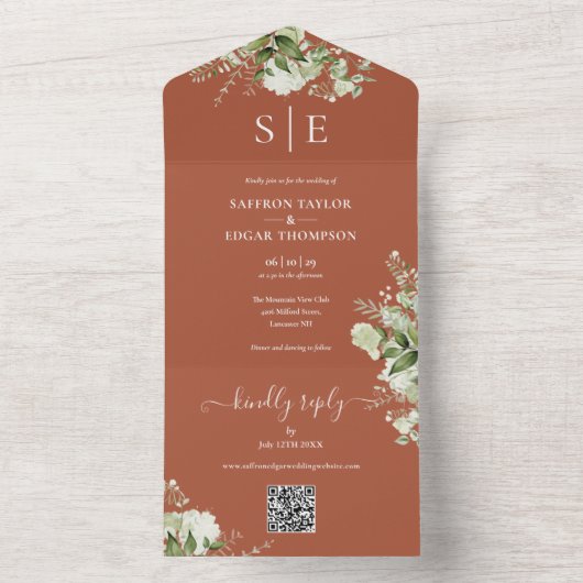 Monogram QR-code groen terracotta bruiloft All In One Uitnodiging (Binnen)