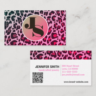 Monogram QR Code Leopard Print Rockabilly Pink Visitekaartje