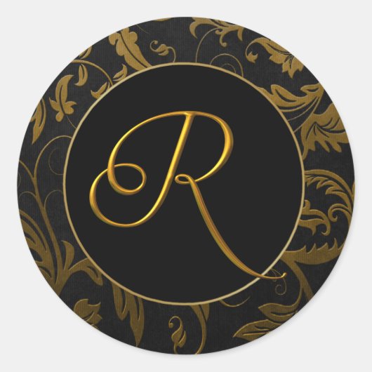 Monogram R Goud en Zwart Damast Bruiloft Seal Ronde Sticker (Voorkant)