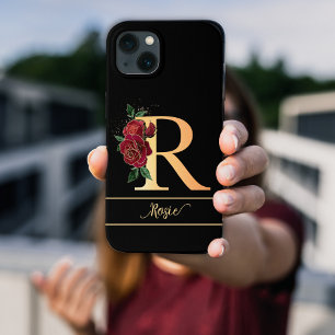 Monogram R gouden aangepaste naam rode rozen zwart iPhone 13 Hoesje