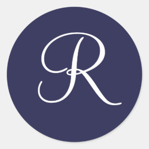 Monogram R, wit op Navy Blue, Ronde Sticker