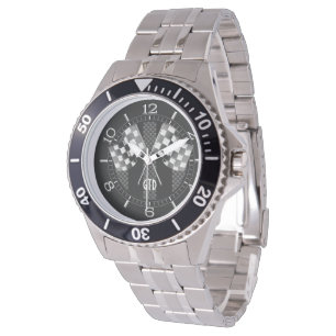Monogram Racing Vlaggen Zwarte Strepen Carbon Styl Horloge