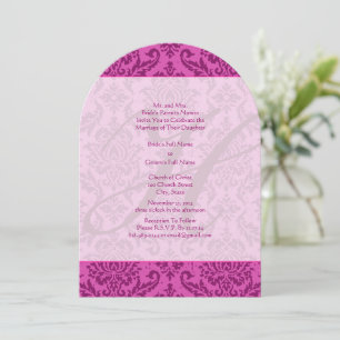 Monogram Raspberry Pink Damask Wedding Uitnodiging